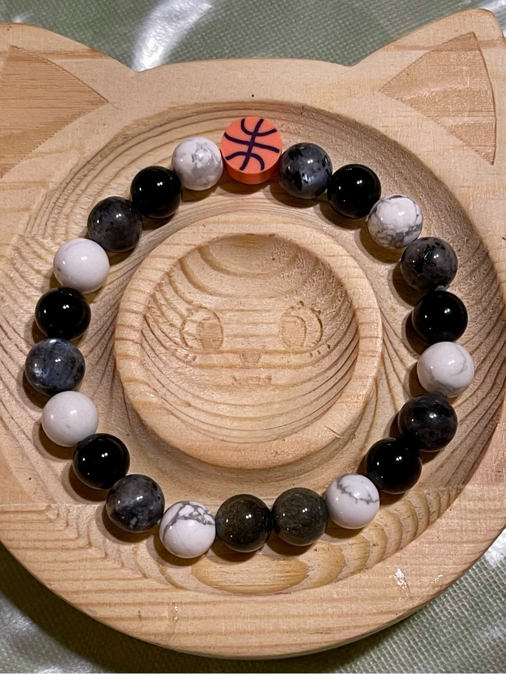 Natural Crystal - Black, White & Gray Beaded Stretch Bracelet, Orange Basketball